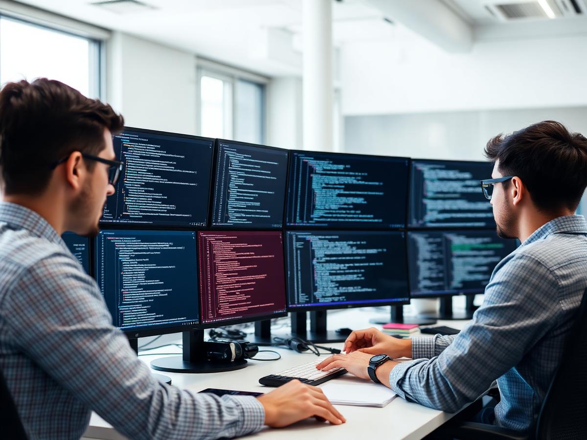 Software developers writing code on multiple monitors